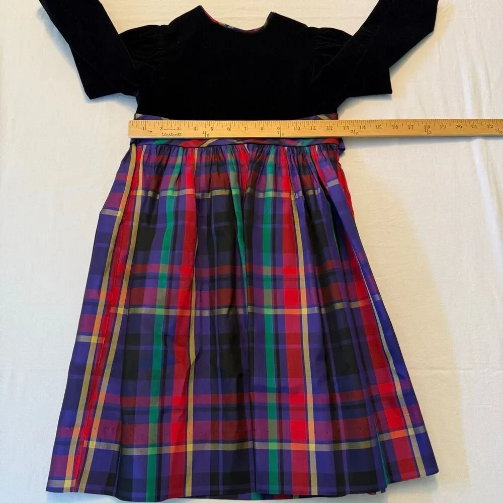 Vintage Polly Flinders | Velvet & Plaid Holiday Dress | Gold Button Back | Girls